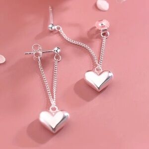 Silver heart on chain stud drop earrings love gift girlfriend wife valentines